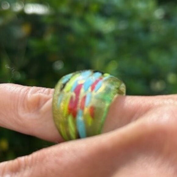 HAND BLOWN GLASS Green Multi Color Abstract Design RING - Picture 8 of 10